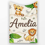 Cute Jungle Animals Lion Tiger Leopard Tropical Leaves Cream Lovely  Personalised Custom Name Super Soft Fleece Blanket Bed Sofa Throw