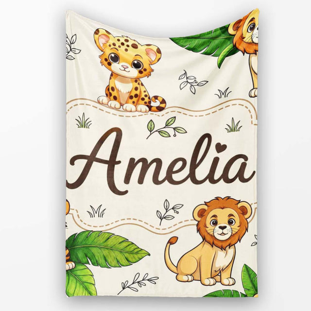 Cute Jungle Animals Lion Tiger Leopard Tropical Leaves Cream Lovely  Personalised Custom Name Super Soft Fleece Blanket Bed Sofa Throw