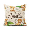Custom Name Cute Jungle Animals Lion Tiger Tropical Leaves Cream Square Filled Cushion Throw Pillow Sofa Bed Home Decor Zip Washable UK Made