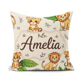 Custom Name Cute Jungle Animals Lion Tiger Tropical Leaves Cream Square Filled Cushion Throw Pillow Sofa Bed Home Decor Zip Washable UK Made