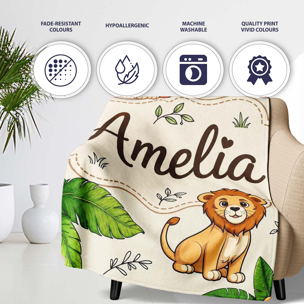 Cute Jungle Animals Lion Tiger Leopard Tropical Leaves Cream Lovely  Personalised Custom Name Super Soft Fleece Blanket Bed Sofa Throw