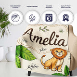 Cute Jungle Animals Lion Tiger Leopard Tropical Leaves Cream Lovely  Personalised Custom Name Super Soft Fleece Blanket Bed Sofa Throw