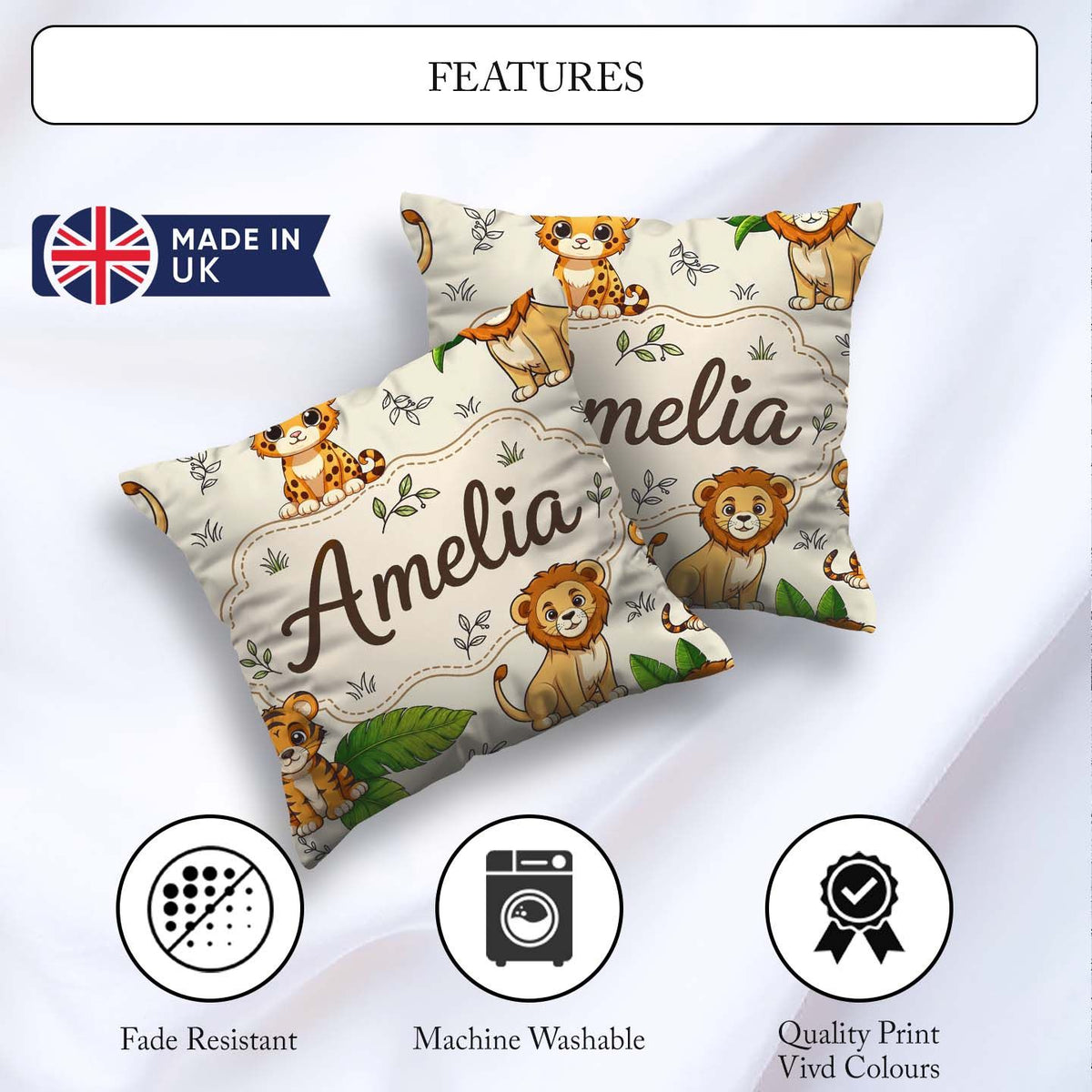 Custom Name Cute Jungle Animals Lion Tiger Tropical Leaves Cream Square Filled Cushion Throw Pillow Sofa Bed Home Decor Zip Washable UK Made