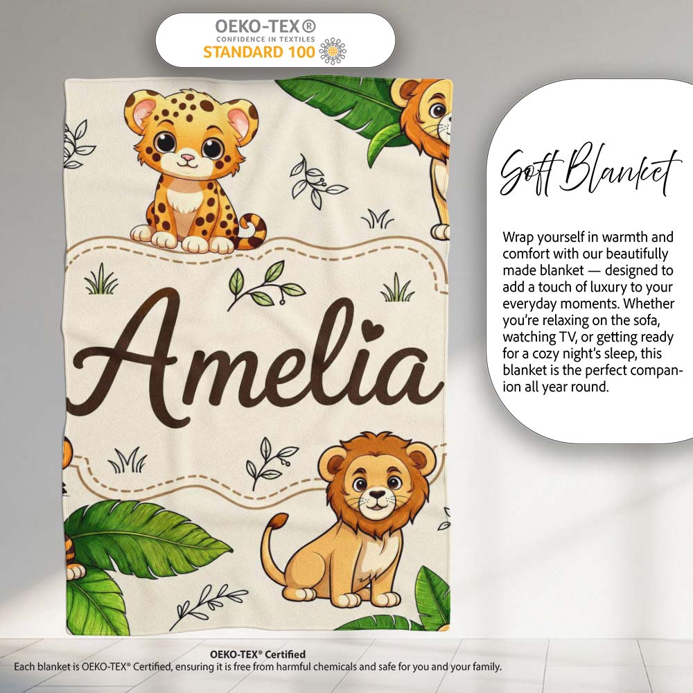 Cute Jungle Animals Lion Tiger Leopard Tropical Leaves Cream Lovely  Personalised Custom Name Super Soft Fleece Blanket Bed Sofa Throw