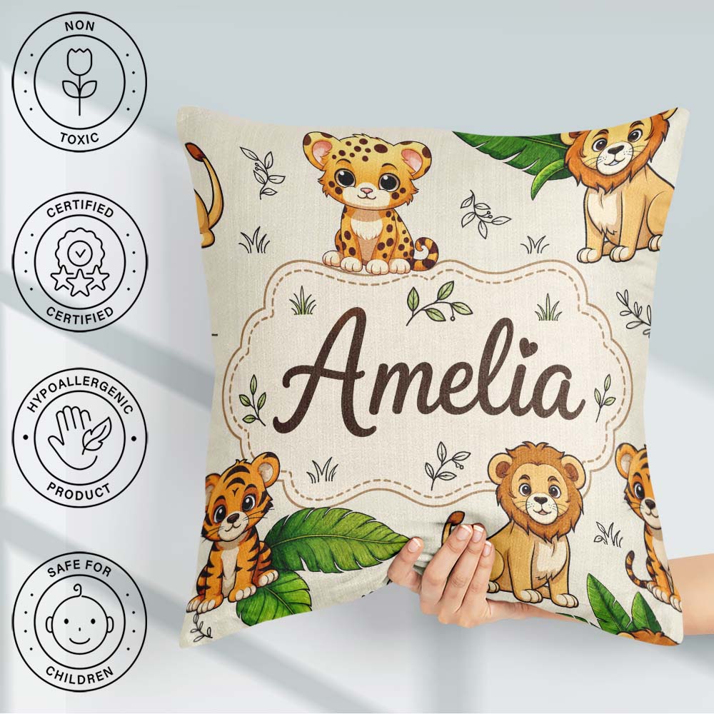 Custom Name Cute Jungle Animals Lion Tiger Tropical Leaves Cream Square Filled Cushion Throw Pillow Sofa Bed Home Decor Zip Washable UK Made