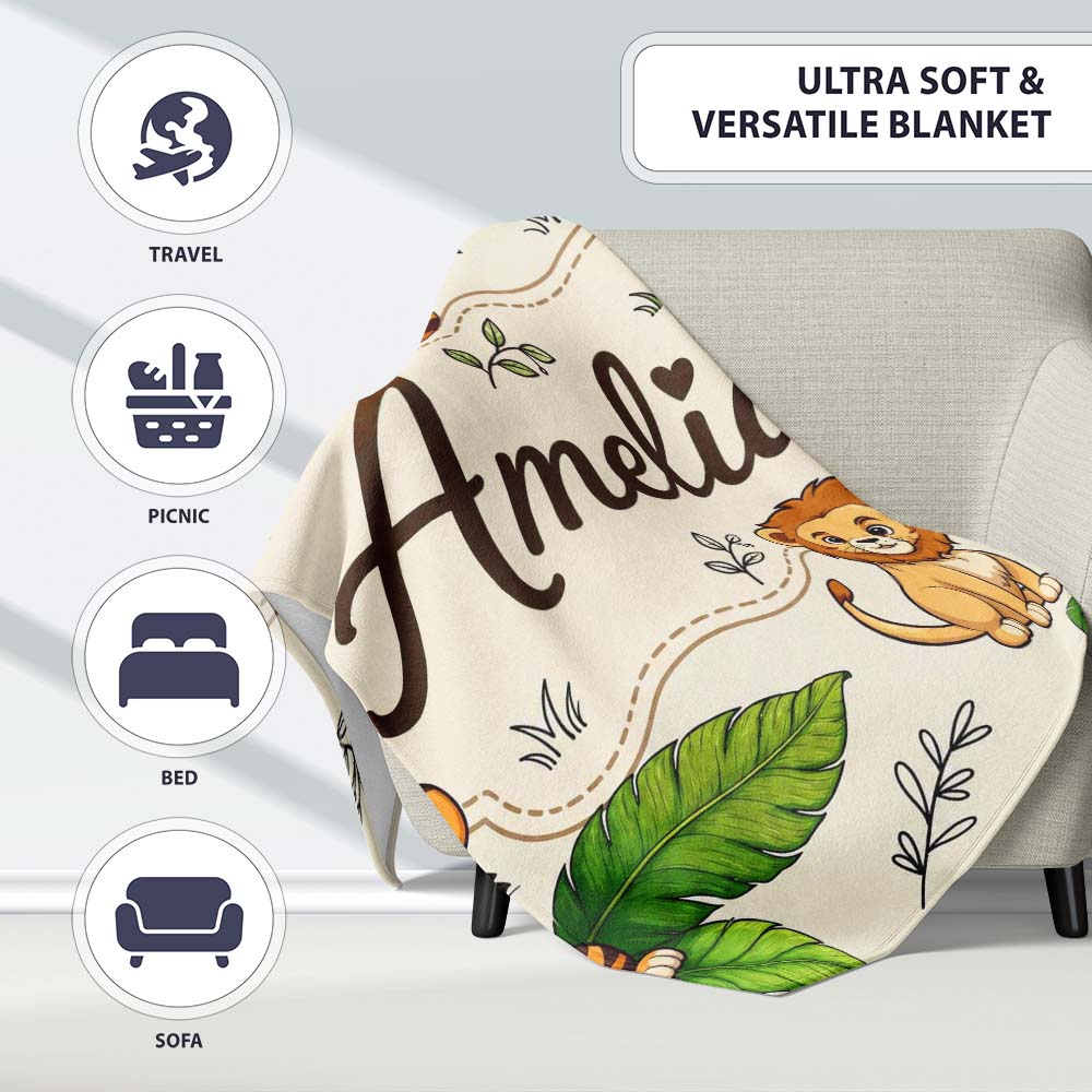 Cute Jungle Animals Lion Tiger Leopard Tropical Leaves Cream Lovely  Personalised Custom Name Super Soft Fleece Blanket Bed Sofa Throw