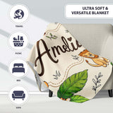 Cute Jungle Animals Lion Tiger Leopard Tropical Leaves Cream Lovely  Personalised Custom Name Super Soft Fleece Blanket Bed Sofa Throw