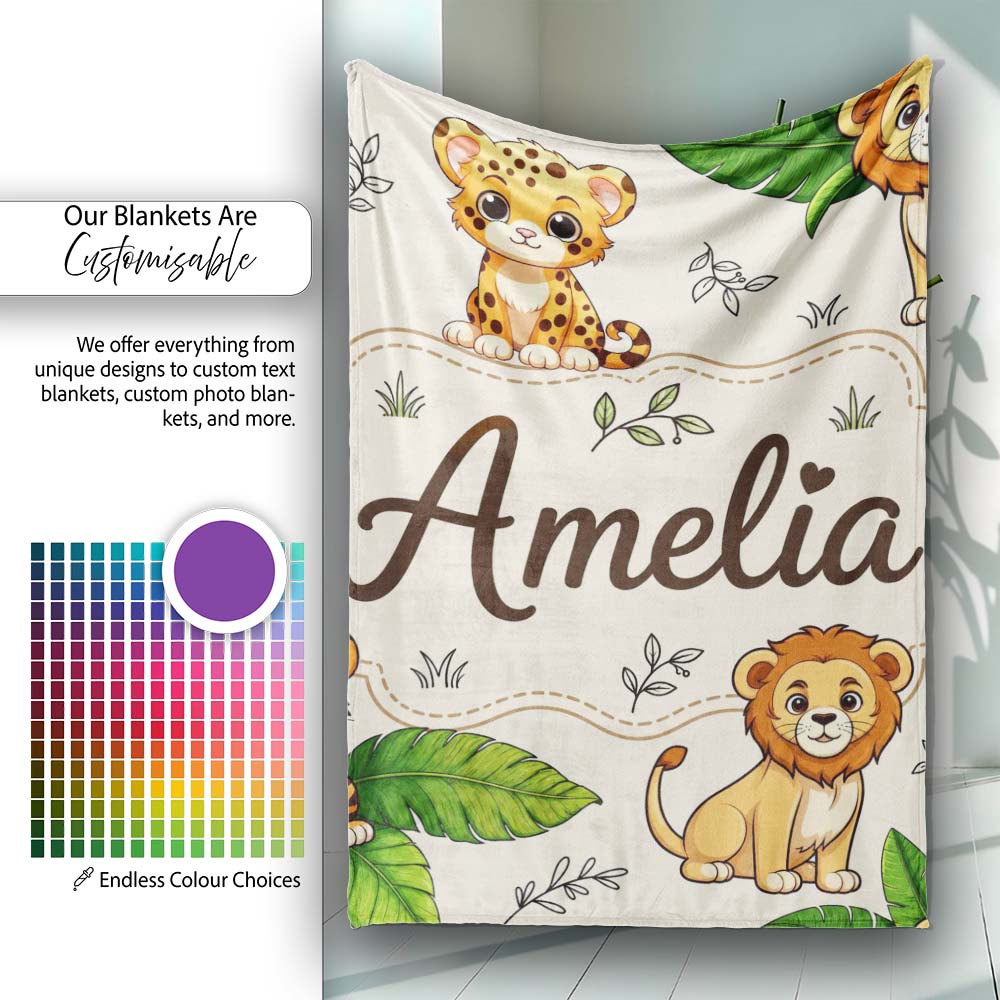 Cute Jungle Animals Lion Tiger Leopard Tropical Leaves Cream Lovely  Personalised Custom Name Super Soft Fleece Blanket Bed Sofa Throw