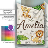 Cute Jungle Animals Lion Tiger Leopard Tropical Leaves Cream Lovely  Personalised Custom Name Super Soft Fleece Blanket Bed Sofa Throw