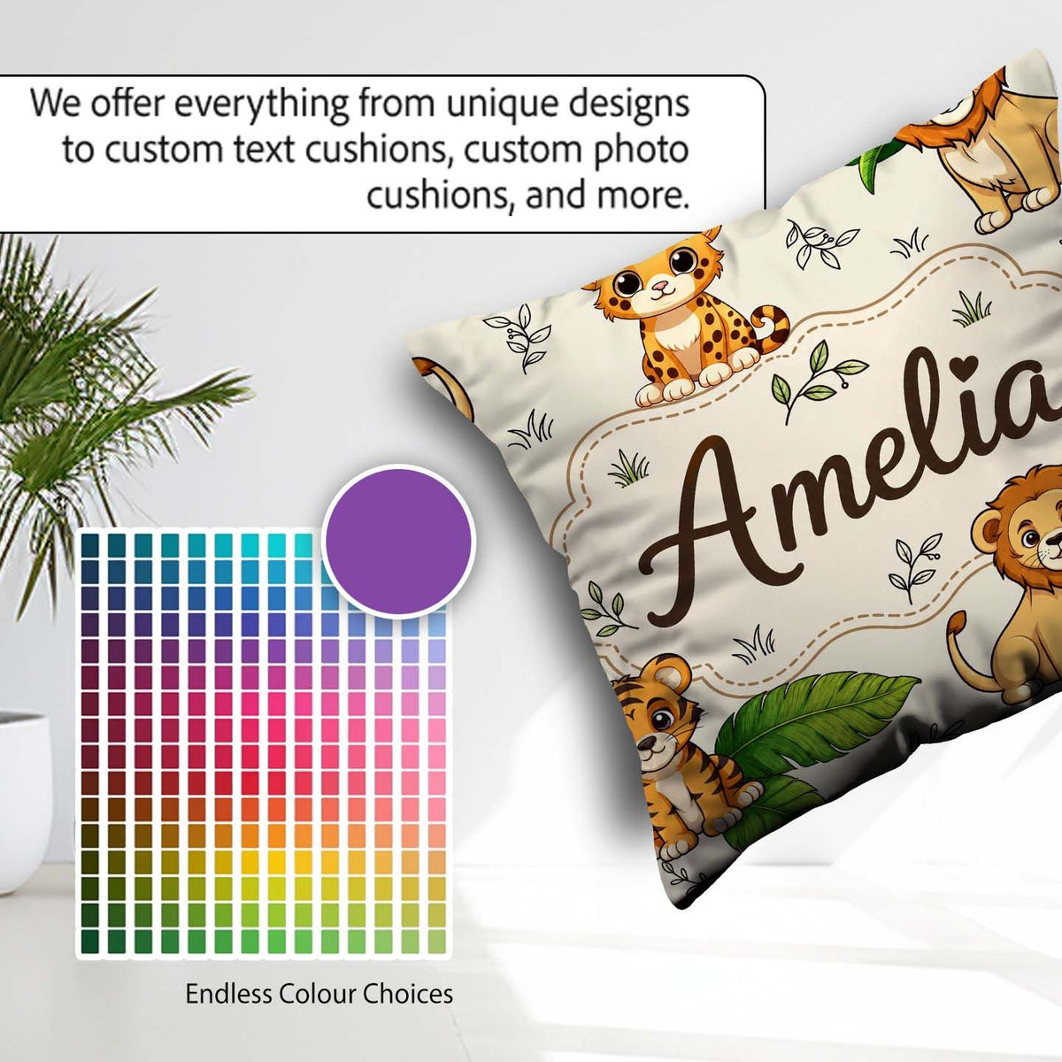 Custom Name Cute Jungle Animals Lion Tiger Tropical Leaves Cream Square Filled Cushion Throw Pillow Sofa Bed Home Decor Zip Washable UK Made