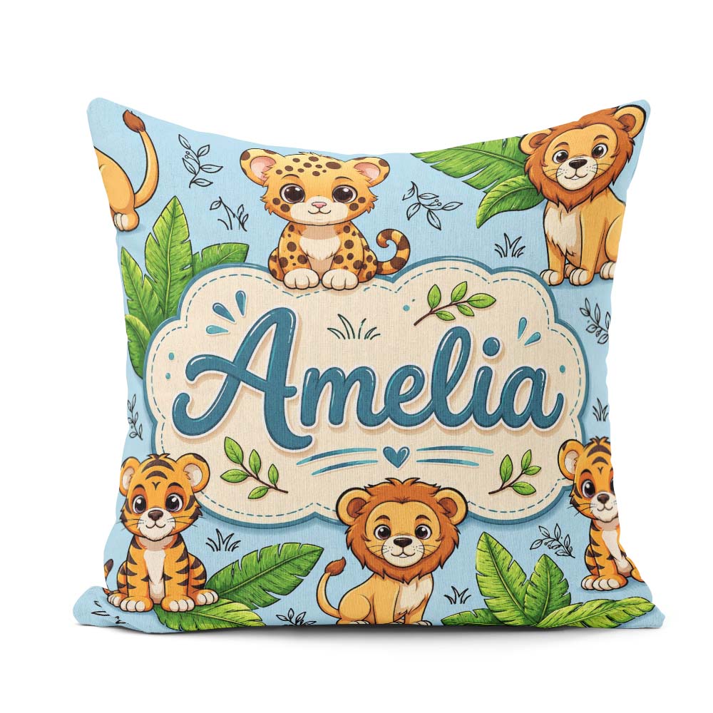 Custom Name Jungle Animals Lion Tiger Tropical Leaves Mint Green Square Filled Cushion Throw Pillow Sofa Bed Home Decor Zip Washable UK Made