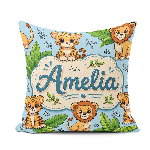 Custom Name Jungle Animals Lion Tiger Tropical Leaves Mint Green Square Filled Cushion Throw Pillow Sofa Bed Home Decor Zip Washable UK Made