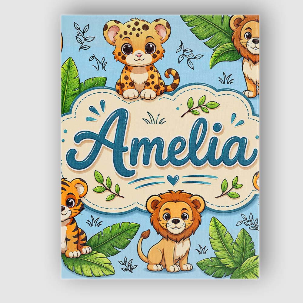 Personalised Name Cute Jungle Animals Lion Custom  Unique Gift Idea Elegant Feature Canvas Wall Art Print Decor Picture Ready to Hang