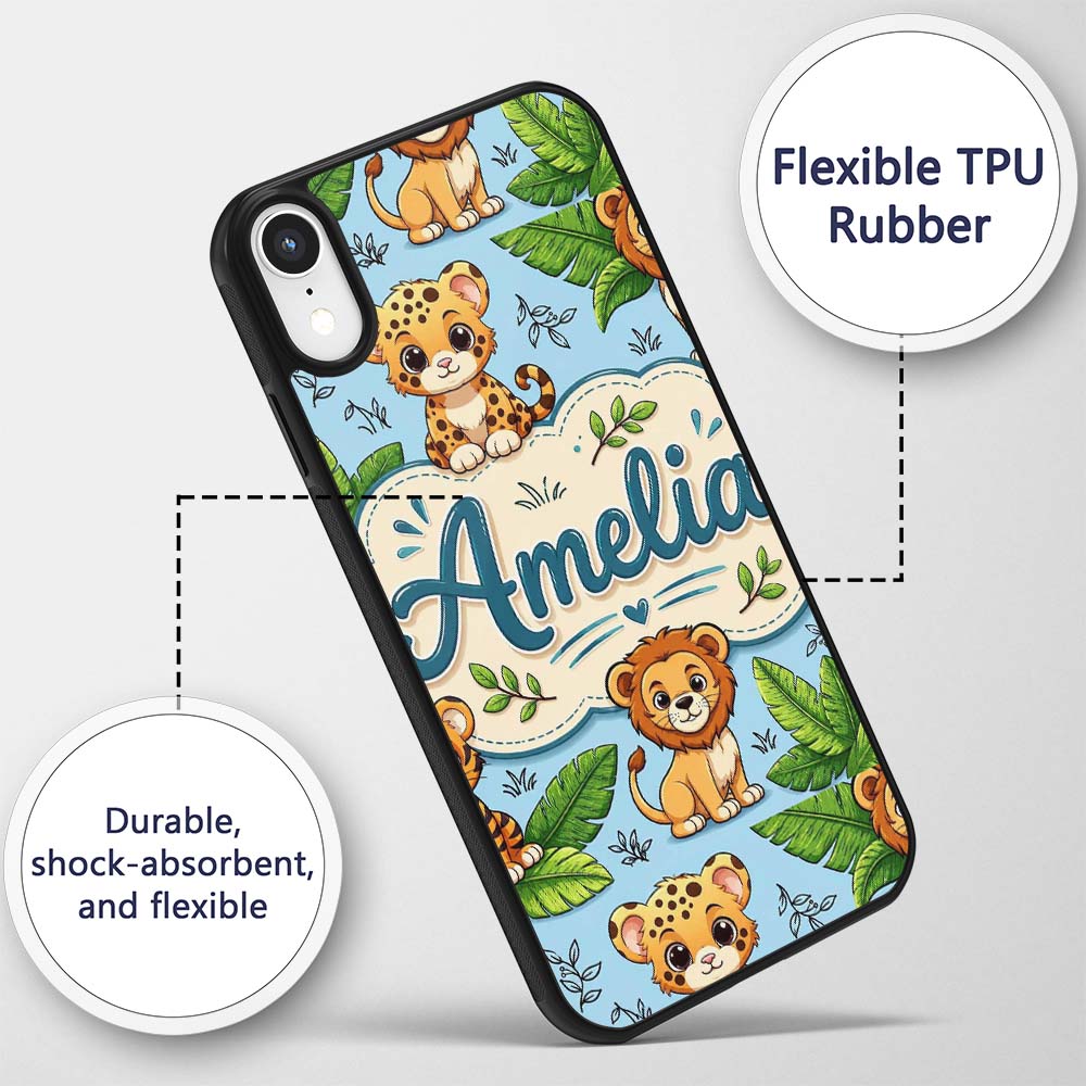 Cute Jungle Animals Lion Tiger Leopard Tropical Custom Name Protective Phone Case Mobile Cover Durable Everyday Smartphone Shock Resistant