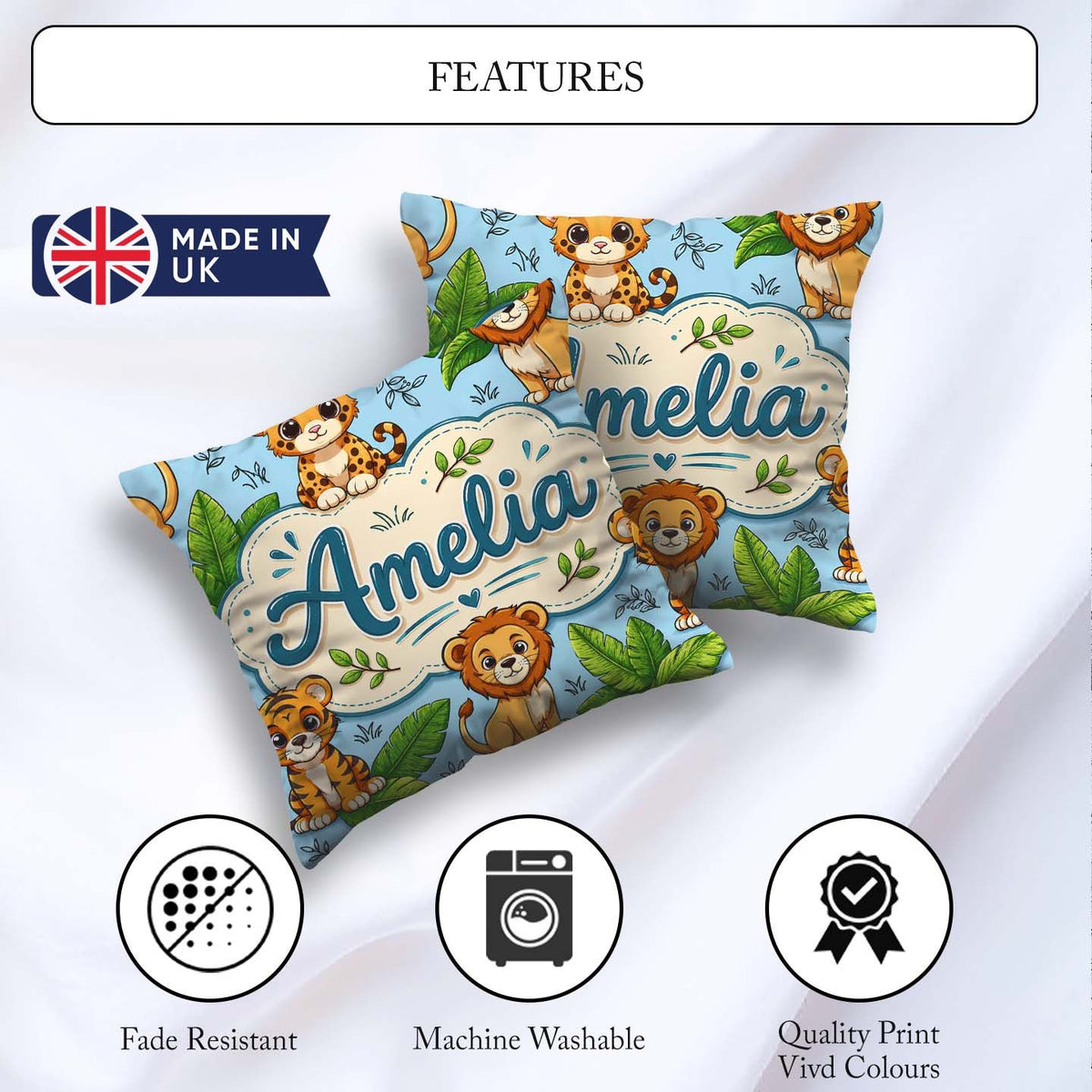 Custom Name Jungle Animals Lion Tiger Tropical Leaves Mint Green Square Filled Cushion Throw Pillow Sofa Bed Home Decor Zip Washable UK Made