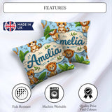 Custom Name Jungle Animals Lion Tiger Tropical Leaves Mint Green Square Filled Cushion Throw Pillow Sofa Bed Home Decor Zip Washable UK Made