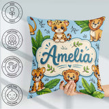 Custom Name Jungle Animals Lion Tiger Tropical Leaves Mint Green Square Filled Cushion Throw Pillow Sofa Bed Home Decor Zip Washable UK Made
