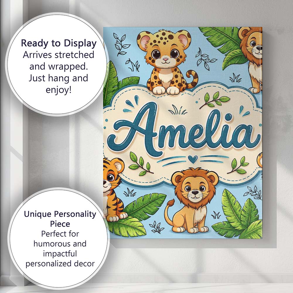 Personalised Name Cute Jungle Animals Lion Custom  Unique Gift Idea Elegant Feature Canvas Wall Art Print Decor Picture Ready to Hang