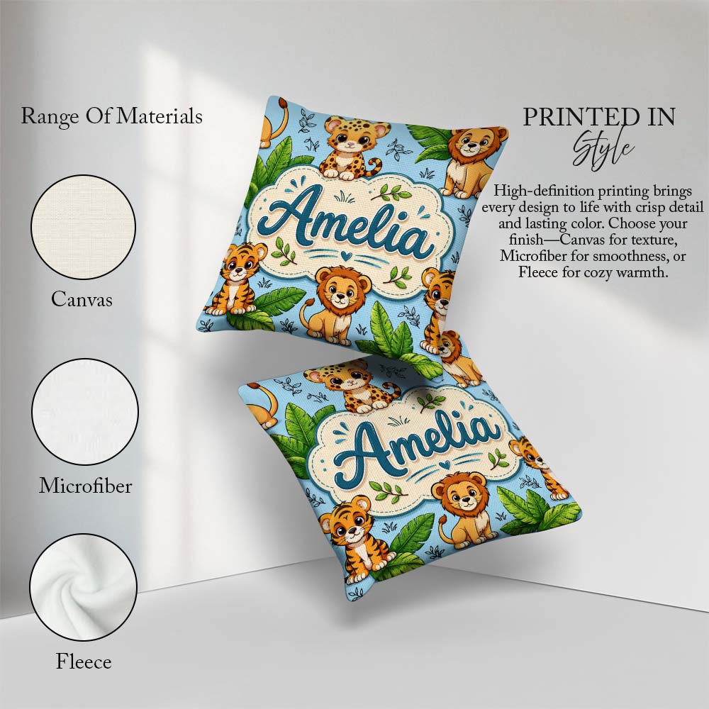 Custom Name Jungle Animals Lion Tiger Tropical Leaves Mint Green Square Filled Cushion Throw Pillow Sofa Bed Home Decor Zip Washable UK Made