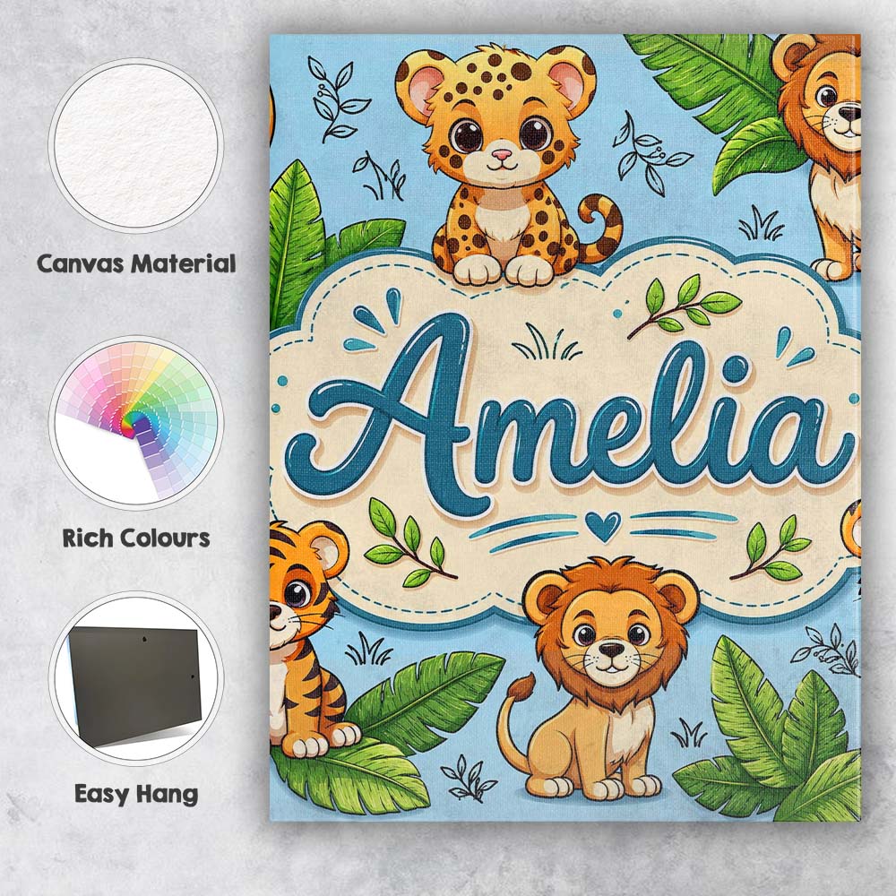 Personalised Name Cute Jungle Animals Lion Custom  Unique Gift Idea Elegant Feature Canvas Wall Art Print Decor Picture Ready to Hang