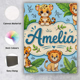 Personalised Name Cute Jungle Animals Lion Custom  Unique Gift Idea Elegant Feature Canvas Wall Art Print Decor Picture Ready to Hang