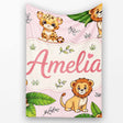 Cute Jungle Animals Lion Tiger Leopard Tropical Leaves Blush Pink  Personalised Custom Name Super Soft Fleece Blanket Bed Sofa Throw