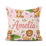 Custom Name Jungle Animals Lion Tiger Tropical Leaves Blush Pink Square Filled Cushion Throw Pillow Sofa Bed Home Decor Zip Washable UK Made