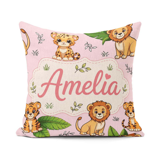 Custom Name Jungle Animals Lion Tiger Tropical Leaves Blush Pink Square Filled Cushion Throw Pillow Sofa Bed Home Decor Zip Washable UK Made