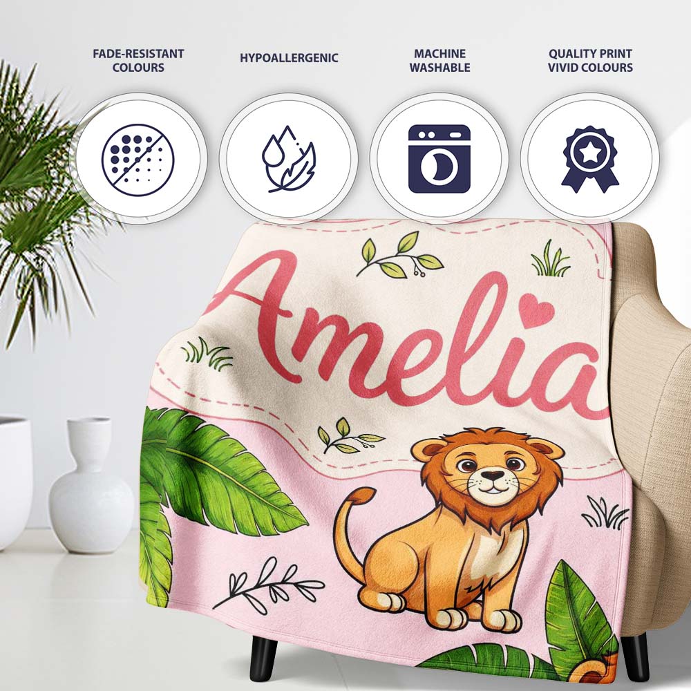 Cute Jungle Animals Lion Tiger Leopard Tropical Leaves Blush Pink  Personalised Custom Name Super Soft Fleece Blanket Bed Sofa Throw