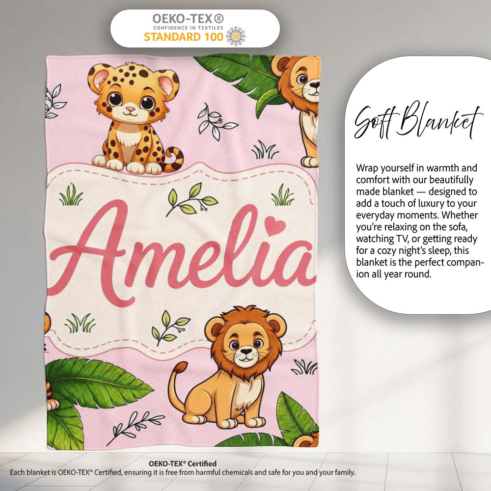 Cute Jungle Animals Lion Tiger Leopard Tropical Leaves Blush Pink  Personalised Custom Name Super Soft Fleece Blanket Bed Sofa Throw