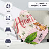 Cute Jungle Animals Lion Tiger Leopard Tropical Leaves Blush Pink  Personalised Custom Name Super Soft Fleece Blanket Bed Sofa Throw