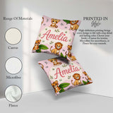 Custom Name Jungle Animals Lion Tiger Tropical Leaves Blush Pink Square Filled Cushion Throw Pillow Sofa Bed Home Decor Zip Washable UK Made