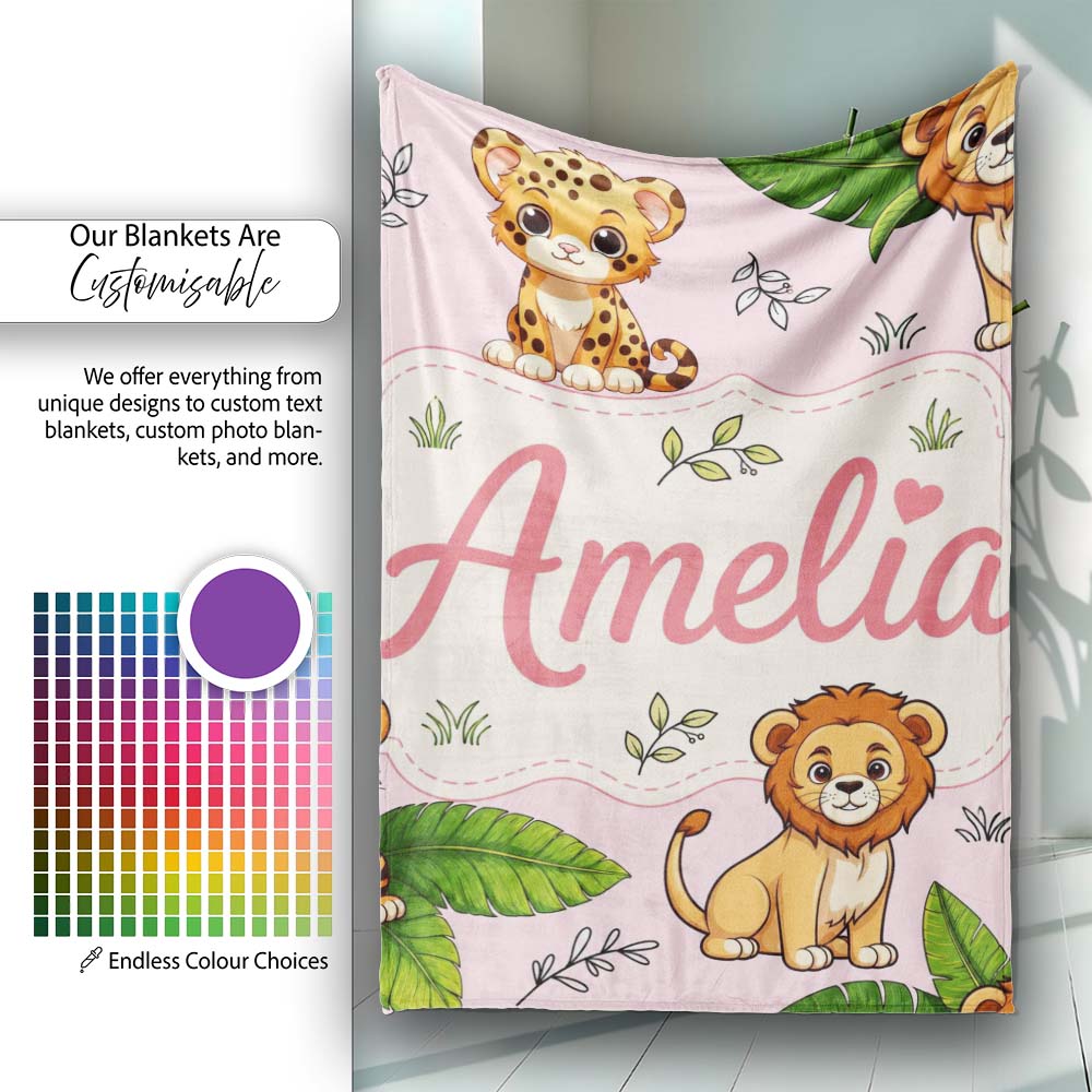 Cute Jungle Animals Lion Tiger Leopard Tropical Leaves Blush Pink  Personalised Custom Name Super Soft Fleece Blanket Bed Sofa Throw