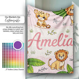 Cute Jungle Animals Lion Tiger Leopard Tropical Leaves Blush Pink  Personalised Custom Name Super Soft Fleece Blanket Bed Sofa Throw