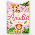 Cute Jungle Animals Lion Tiger Leopard Tropical Leaves Soft Pink  Personalised Custom Name Super Soft Fleece Blanket Bed Sofa Throw