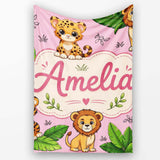Cute Jungle Animals Lion Tiger Leopard Tropical Leaves Soft Pink  Personalised Custom Name Super Soft Fleece Blanket Bed Sofa Throw