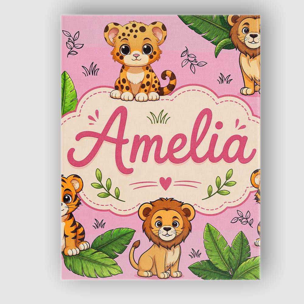 Personalised Name Cute Jungle Animals Lion Custom  Unique Gift Idea Elegant Feature Canvas Wall Art Print Decor Picture Ready to Hang
