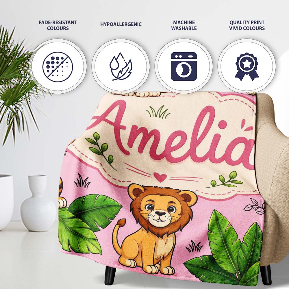 Cute Jungle Animals Lion Tiger Leopard Tropical Leaves Soft Pink  Personalised Custom Name Super Soft Fleece Blanket Bed Sofa Throw