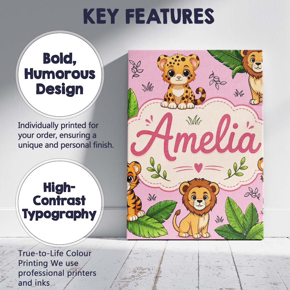 Personalised Name Cute Jungle Animals Lion Custom  Unique Gift Idea Elegant Feature Canvas Wall Art Print Decor Picture Ready to Hang