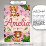 Cute Jungle Animals Lion Tiger Leopard Tropical Leaves Soft Pink  Personalised Custom Name Super Soft Fleece Blanket Bed Sofa Throw