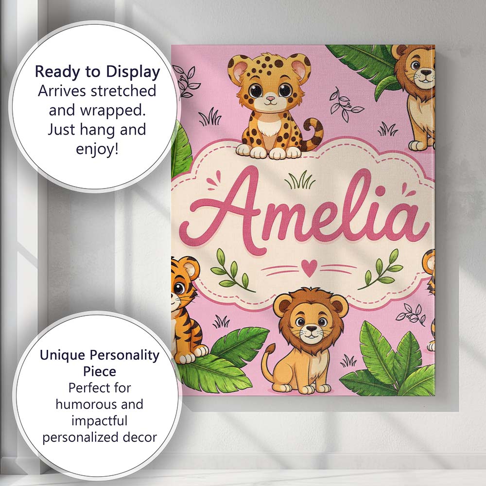 Personalised Name Cute Jungle Animals Lion Custom  Unique Gift Idea Elegant Feature Canvas Wall Art Print Decor Picture Ready to Hang