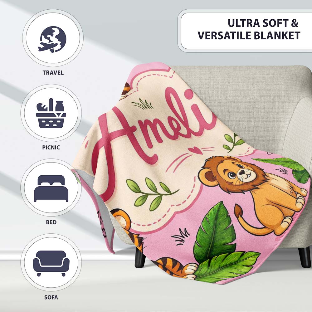 Cute Jungle Animals Lion Tiger Leopard Tropical Leaves Soft Pink  Personalised Custom Name Super Soft Fleece Blanket Bed Sofa Throw