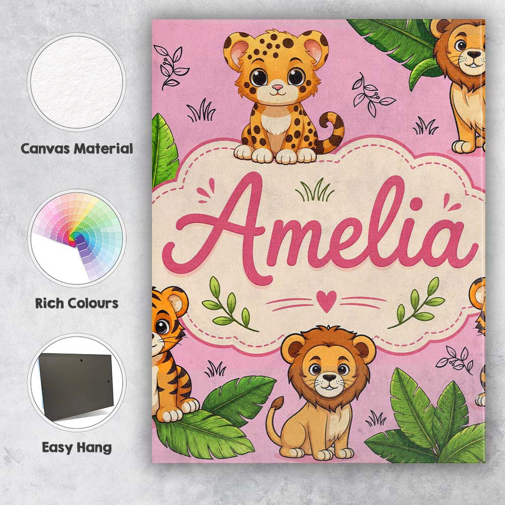 Personalised Name Cute Jungle Animals Lion Custom  Unique Gift Idea Elegant Feature Canvas Wall Art Print Decor Picture Ready to Hang