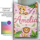 Cute Jungle Animals Lion Tiger Leopard Tropical Leaves Soft Pink  Personalised Custom Name Super Soft Fleece Blanket Bed Sofa Throw