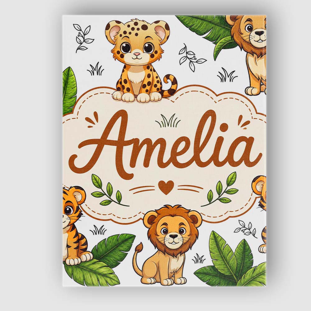Personalised Name Cute Jungle Animals Lion Custom  Unique Gift Idea Elegant Feature Canvas Wall Art Print Decor Picture Ready to Hang