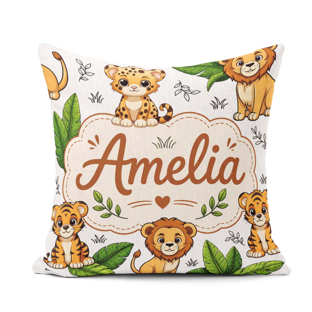 Custom Name Jungle Animals Lion Tiger Tropical Leaves Light Grey Square Filled Cushion Throw Pillow Sofa Bed Home Decor Zip Washable UK Made