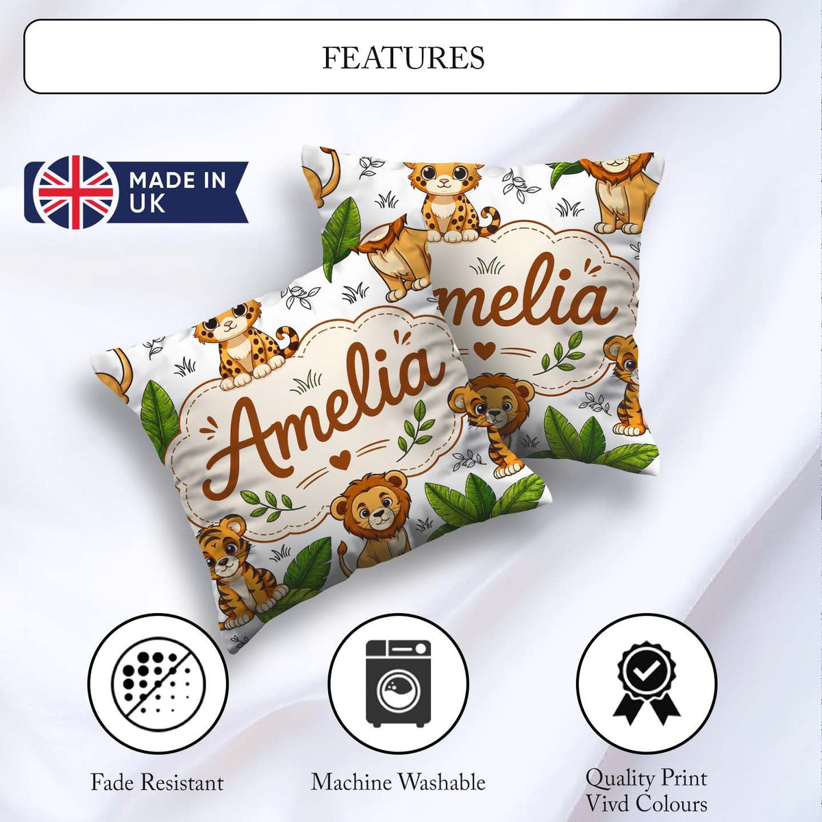 Custom Name Jungle Animals Lion Tiger Tropical Leaves Light Grey Square Filled Cushion Throw Pillow Sofa Bed Home Decor Zip Washable UK Made
