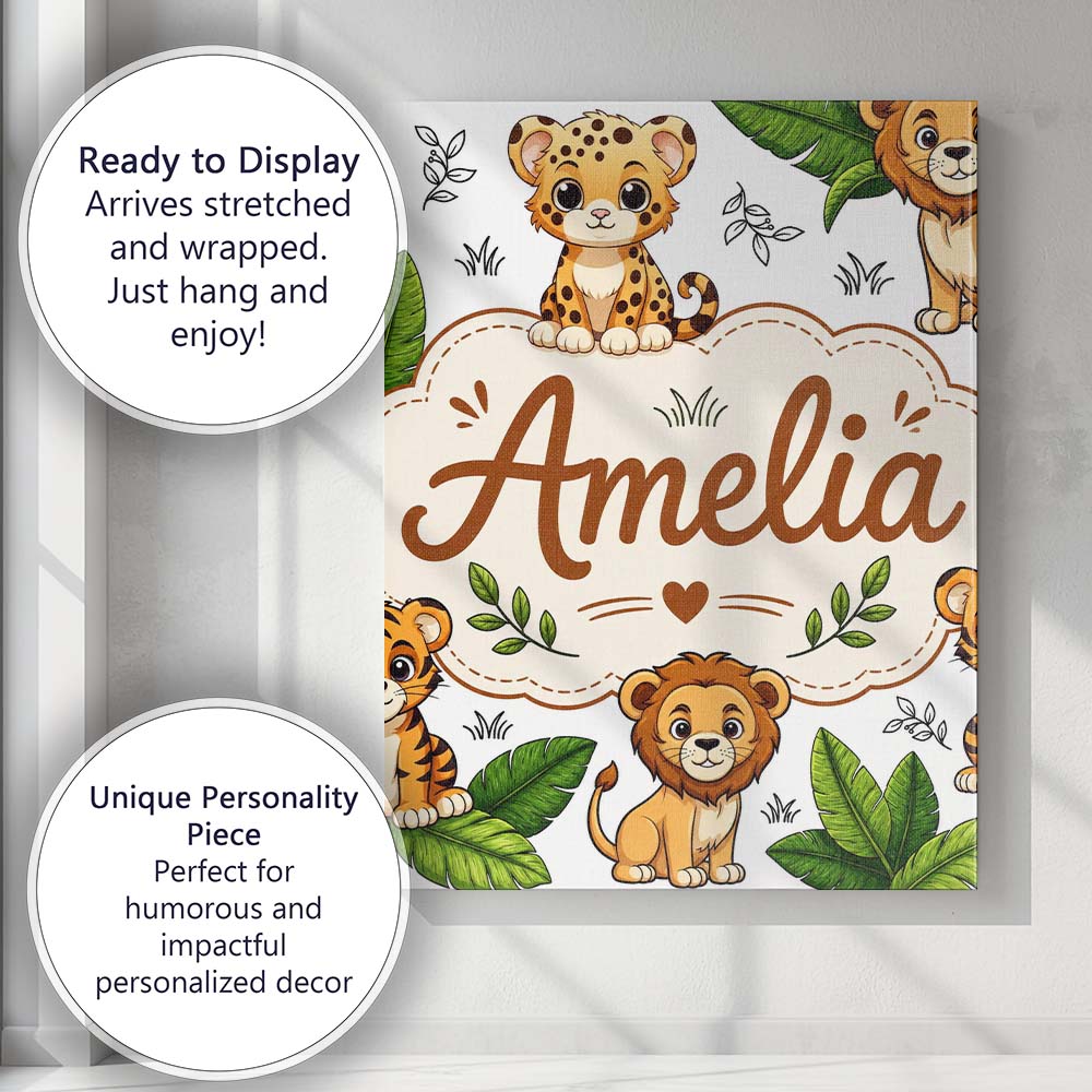 Personalised Name Cute Jungle Animals Lion Custom  Unique Gift Idea Elegant Feature Canvas Wall Art Print Decor Picture Ready to Hang