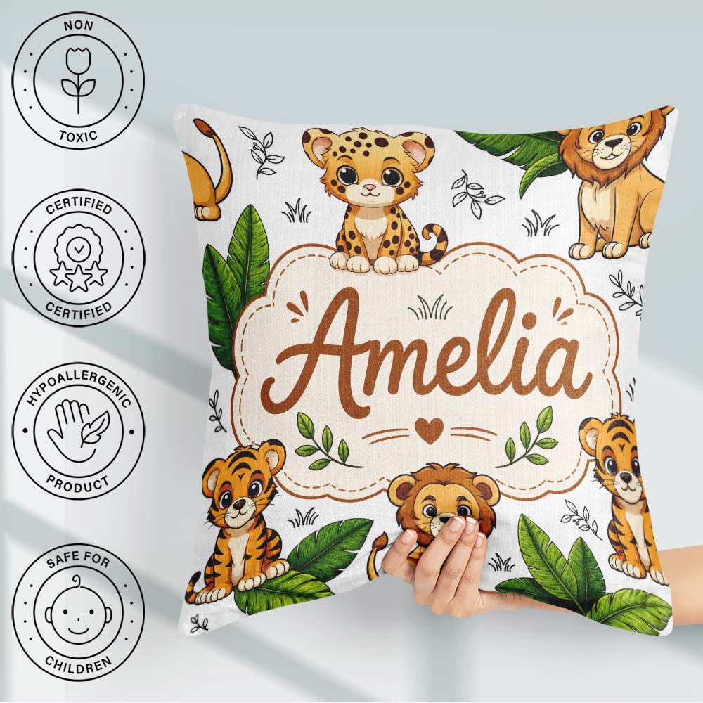 Custom Name Jungle Animals Lion Tiger Tropical Leaves Light Grey Square Filled Cushion Throw Pillow Sofa Bed Home Decor Zip Washable UK Made