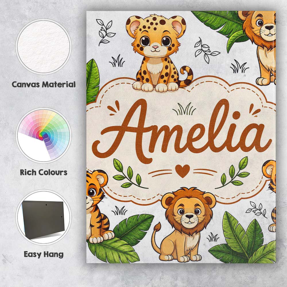 Personalised Name Cute Jungle Animals Lion Custom  Unique Gift Idea Elegant Feature Canvas Wall Art Print Decor Picture Ready to Hang